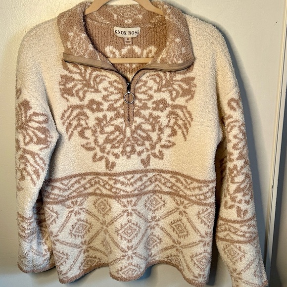 Knox Rose Cozy Fleece Ivory Taupe 1/4 Zip Damask Patterned Pullover Sweater - Picture 5 of 8